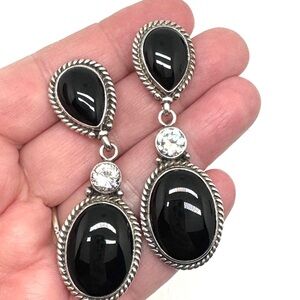 Black Onyx and Sterling Silver Teardrop Dangle Earrings by Reve